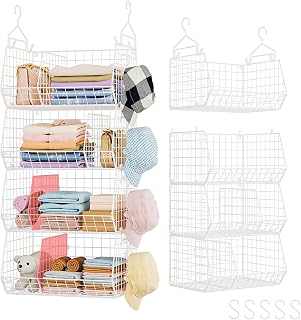 4 Tier Hanging Closet Organizer with Dividers, Extra Large, White | Stackable Closet Hanging Organizer with 5 S Hooks and 4 Dividers, Foldable Hanging Shelves, Wire Basket Closet Storage, Metal