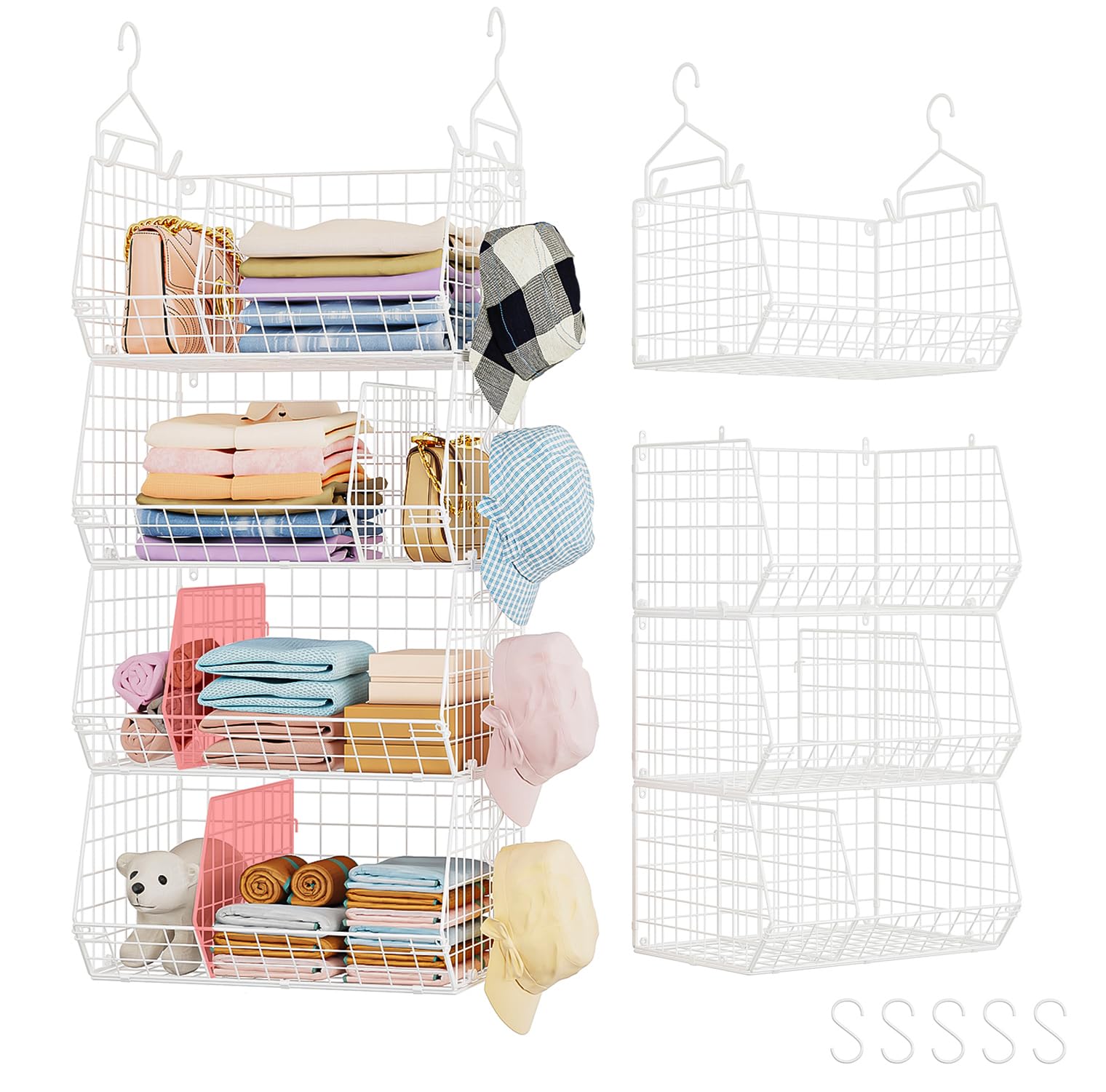 4 Tier Hanging Closet Organizer with Dividers, Extra Large, White | Stackable Cl