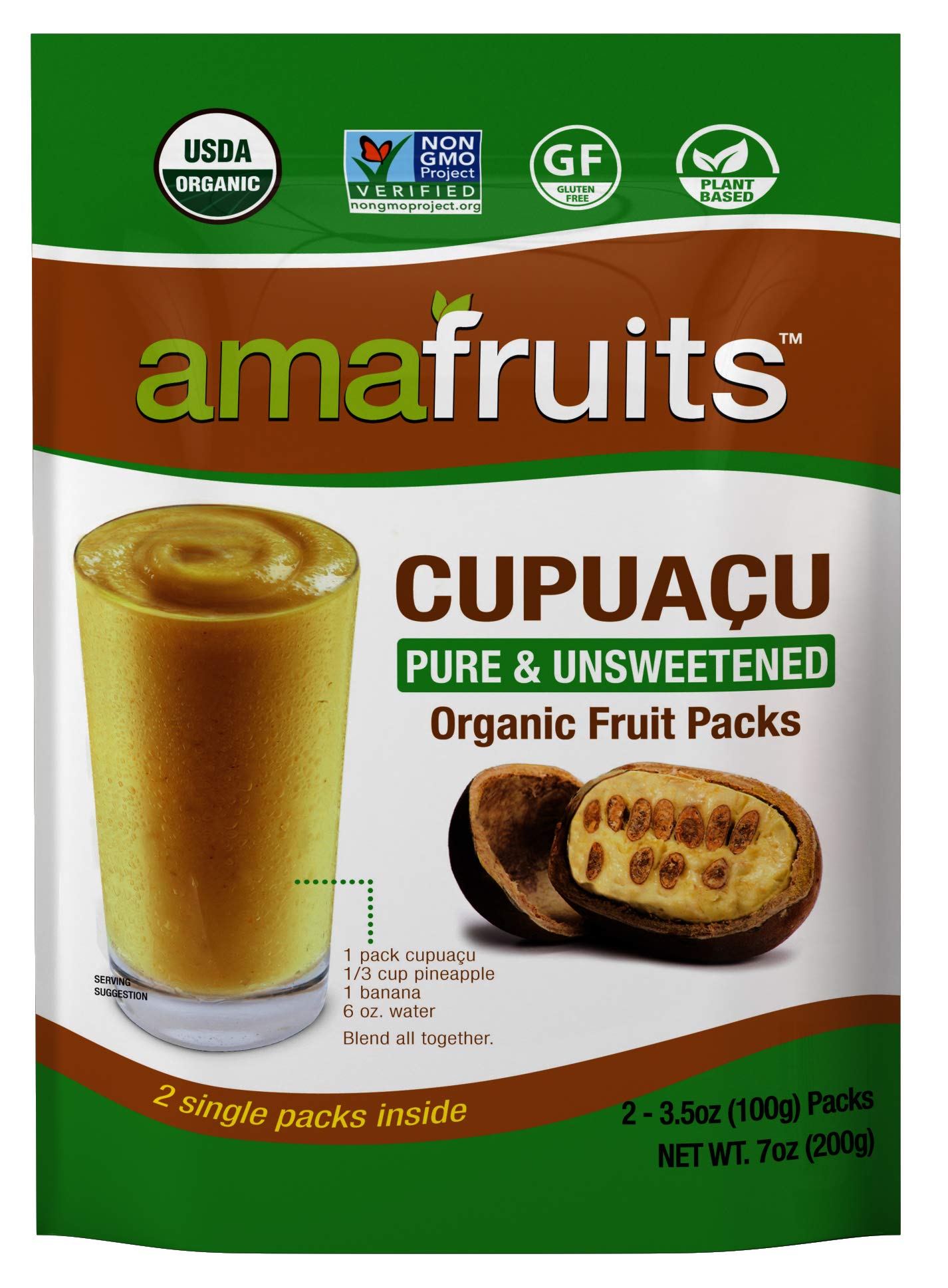 Amafruits Cupuacu Frozen Puree Pure and Unsweetened/USDA Organic/Non-GMO Certifi