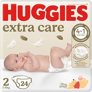 Huggies Extra Care Newborn, 24 Nappies Size 2 (3-6kg) | Nappies Size 2, High Absorbency, Elastic Bands, Breathable Material, Hypoallergenic
