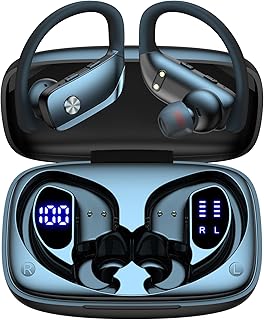 bmani Ear Buds Wireless Earbuds Bluetooth Headphones with 80H Playtime LED Display Case, Over-Ear Hook with Mic, Stereo Sound, Easy Button Controls, Sports Earphones for Running Workout Gym Black