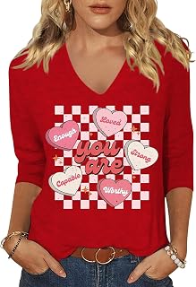 Vircreate Womens 3/4 Sleeve V Neck T-Shirts Valentina's Day Spring Shirts Love Heart Graphic Tee Tops