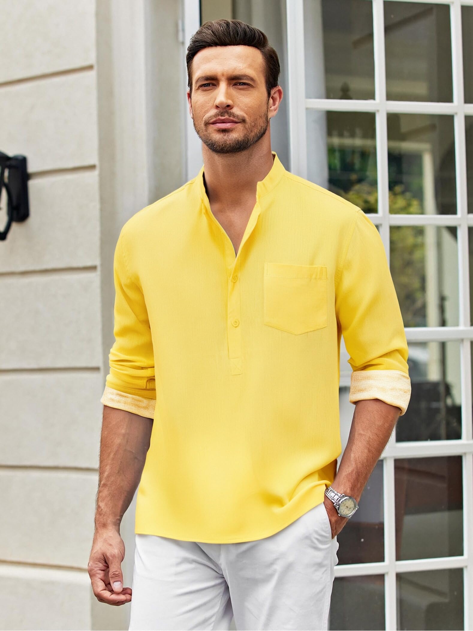 Button Down Shirt Men Casual Long Sleeve Linen Shirt Summer Beach Shirt Hawaiian