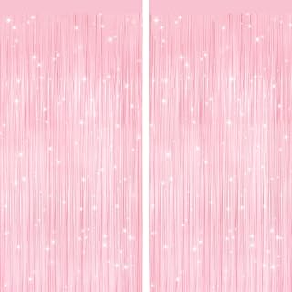 Pastel Pink Metallic Fringe Curtains 2 Pack, Tinsel Backdrop for Parties | Sparkling Foil Finish, Self Adhesive Peel & Stick, Fringe Backdrop for Easter Baby Shower First Birthday Party Decor