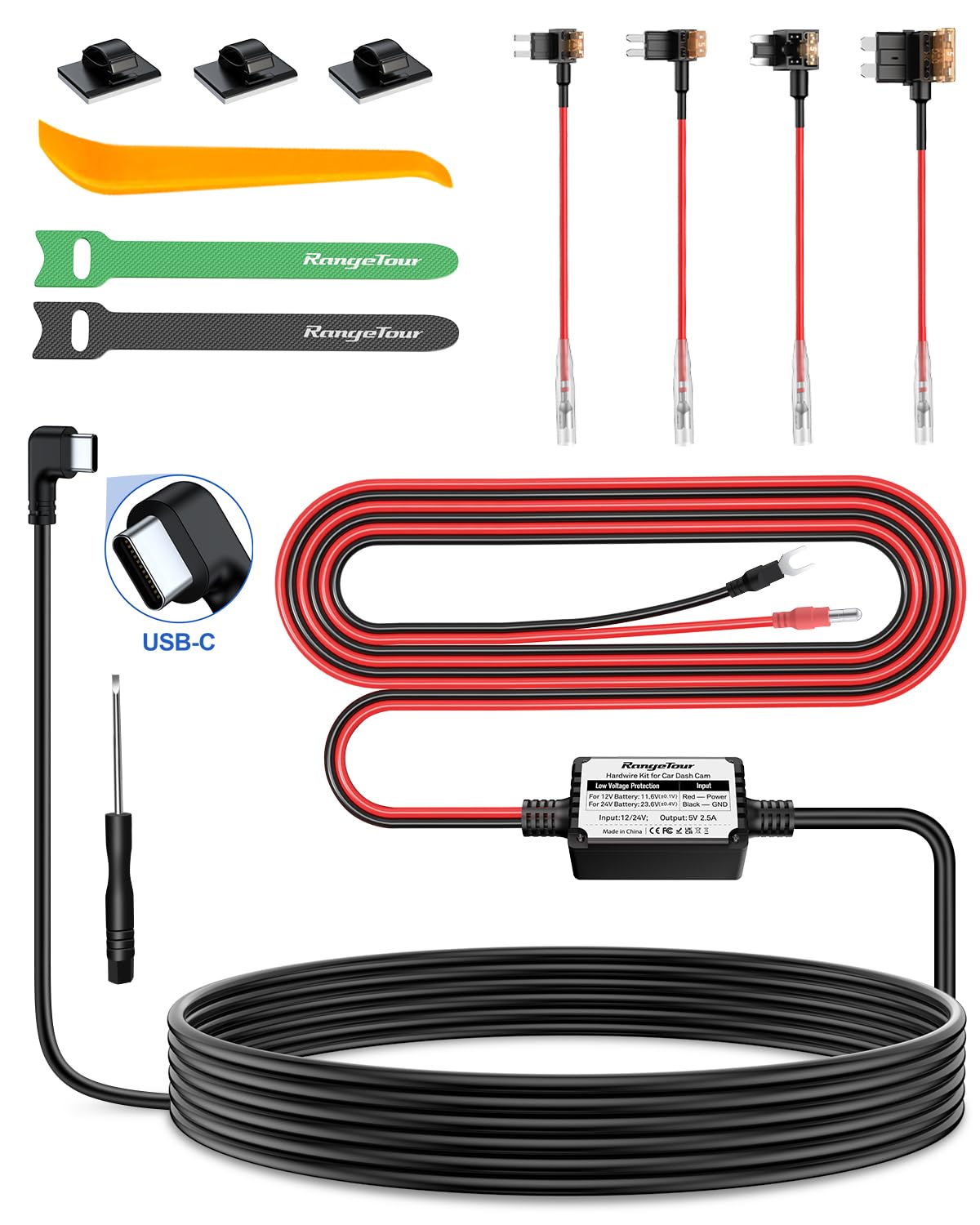 Range Tour Dash Cam Hardwire Kit, USB-C Port 4m Hard Wiring Kit for Car Cam Car 