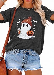 Halloween Shirts for Women Cute Ghost Shirt Fall Pumpkin Tshirt Coffee Lover Graphic Tees Casual Short Sleeve Tops
