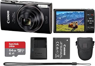 Canon PowerShot ELPH 360 HS A 20.2MP Digital Camera (Black) Bundle | Compact Point & Shoot | For Travel & Family Photography | 12x Optical Zoom | Wi-Fi + 64GB Memory Card + Case (7280C001)