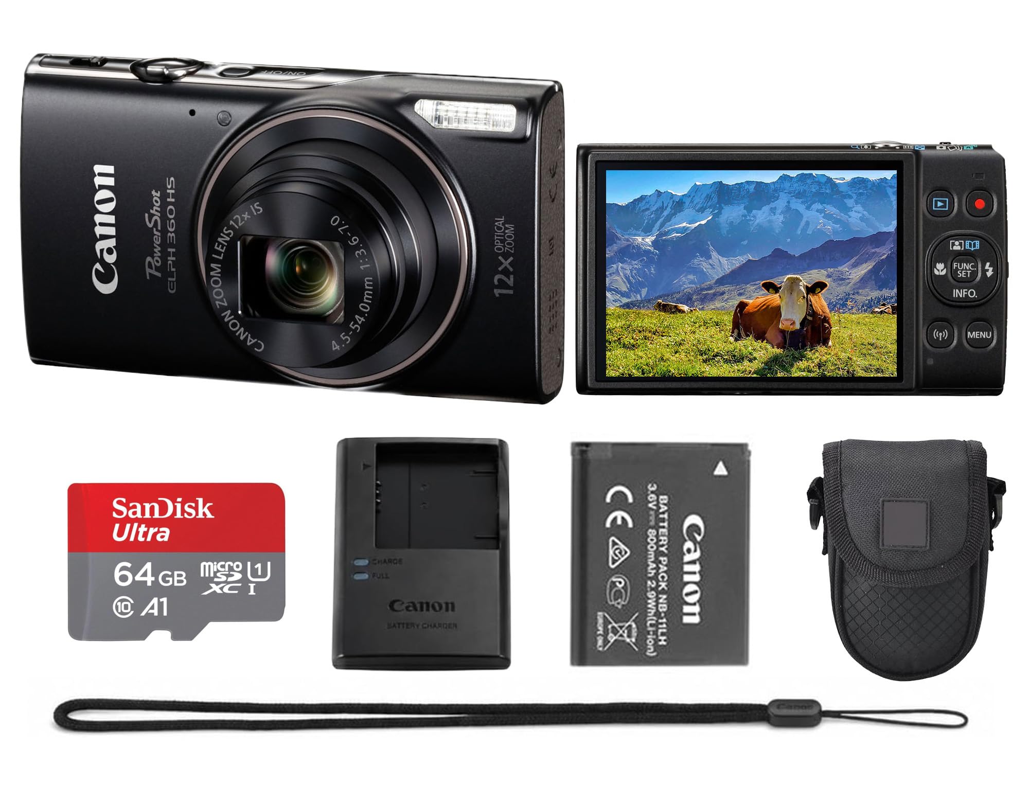Canon PowerShot ELPH 360 HS A 20.2MP Digital Camera (Black) Bundle | Compact Poi