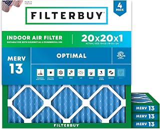 Filterbuy 20x20x1 Air Filter MERV 13 Smoke & Allergy Defense (4-Pack) | Electrostatic Pleated HVAC AC Furnace Filters Replacement, Made in USA (Actual Size: 19.50 x 19.50 x 0.75)