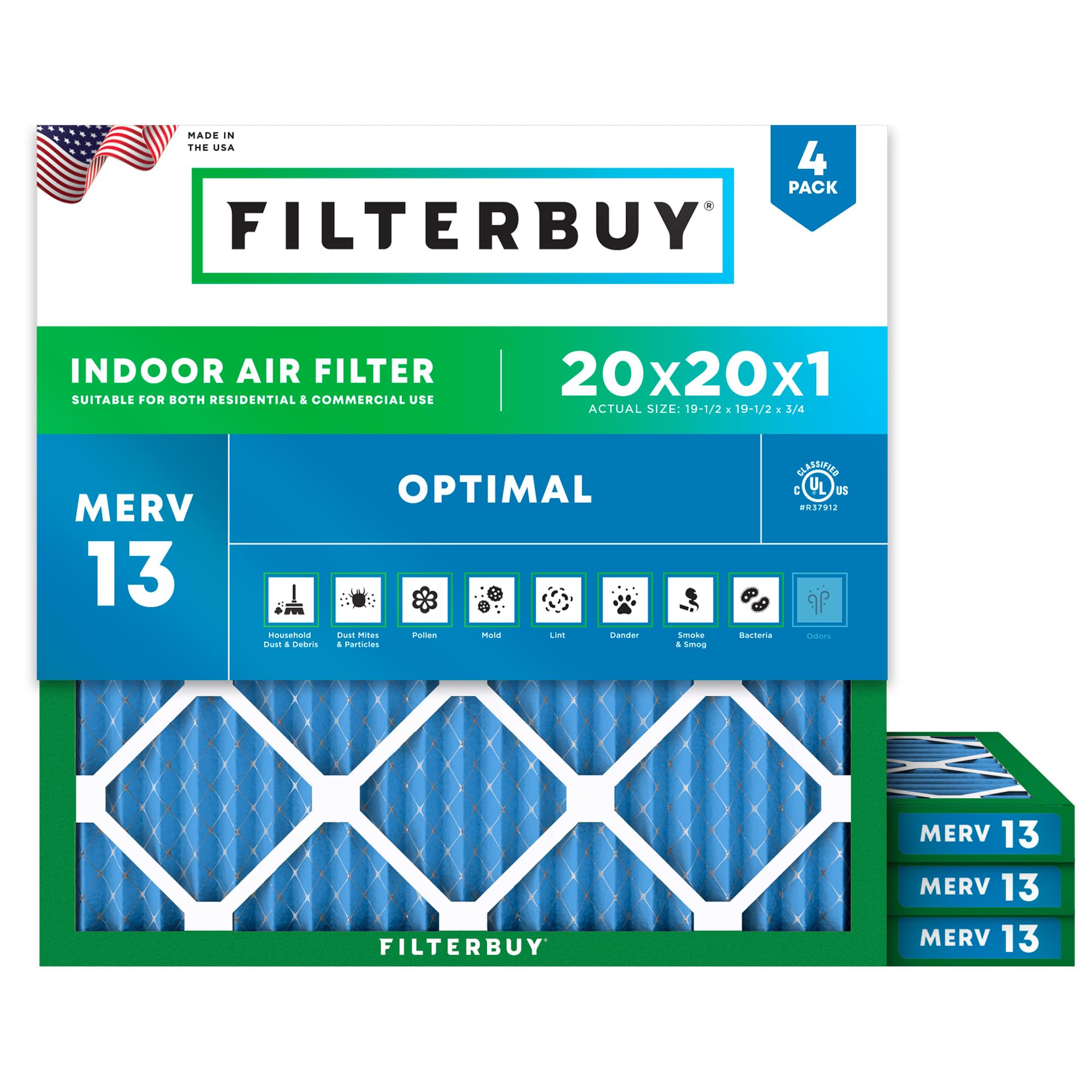 Filterbuy 20x20x1 Air Filter MERV 13 Smoke & Allergy Defense (4-Pack) | Electros