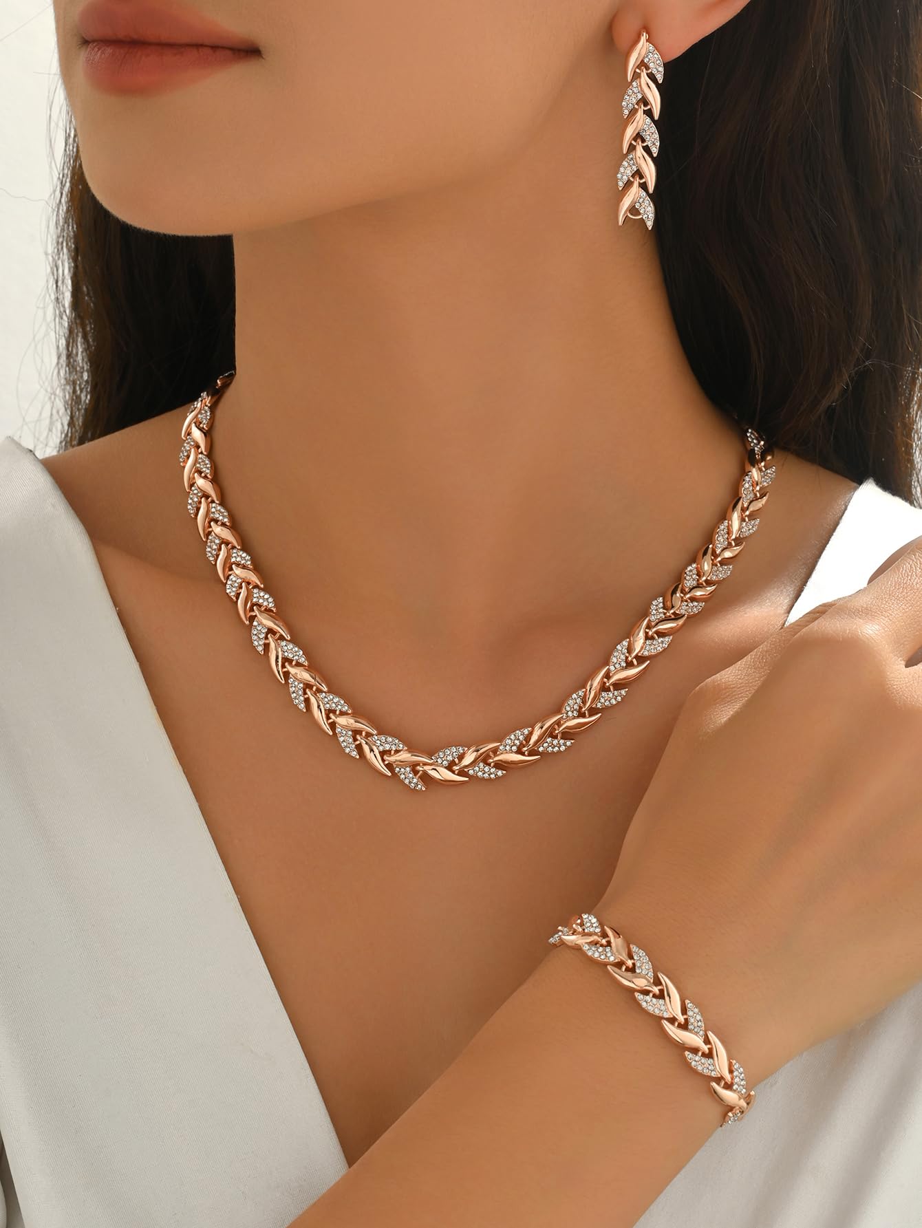 rhinestone jewelry set women crystal leaf necklace earrings bracelet wedding pro