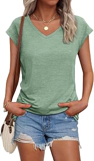AUTOMET Womens V Neck T Shirts Cap Sleeve Cap Sleeve Basic Tees