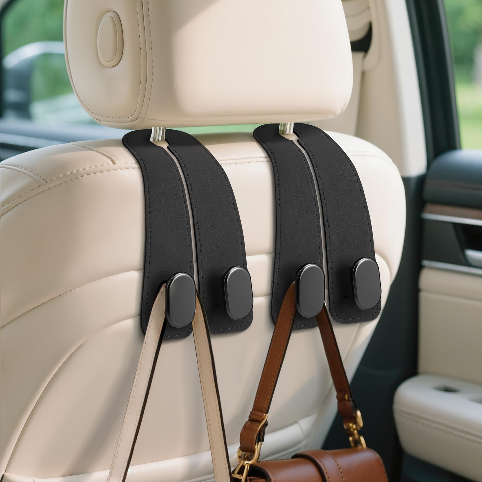 Car Seat Headrest Hooks, 2PCS Universal Car Purse Hook Leather Car Bag Hook | Bl