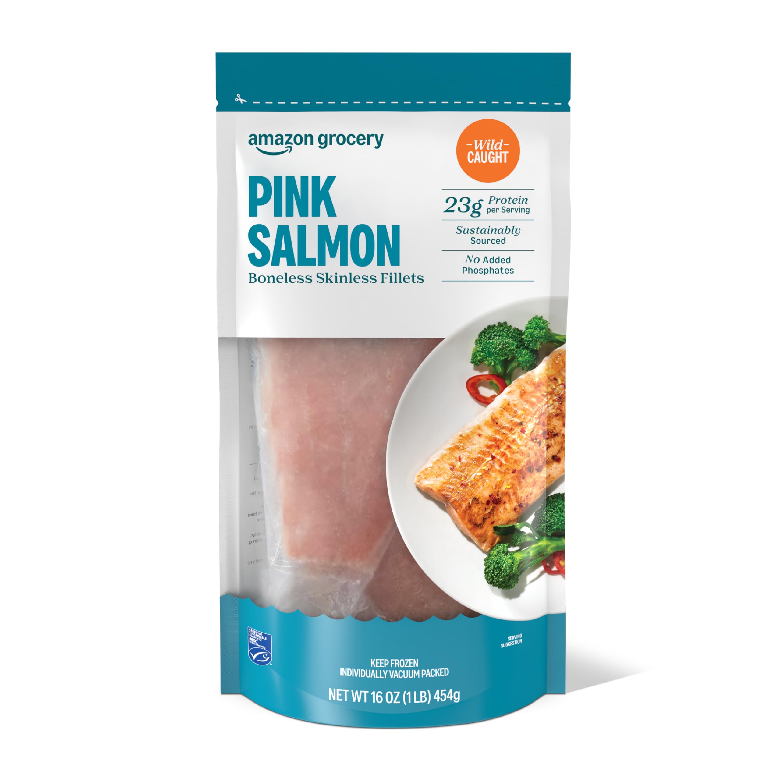 Amazon Fresh Brand, Wild Caught Pink Salmon Skinless Fillet Portions, Frozen, Su