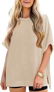 Tankaneo Women's Oversized T-Shirt Summer Casual Ribbed Short Sleeve Tunic Tops Loose Fit Dolman Sleeve Tops