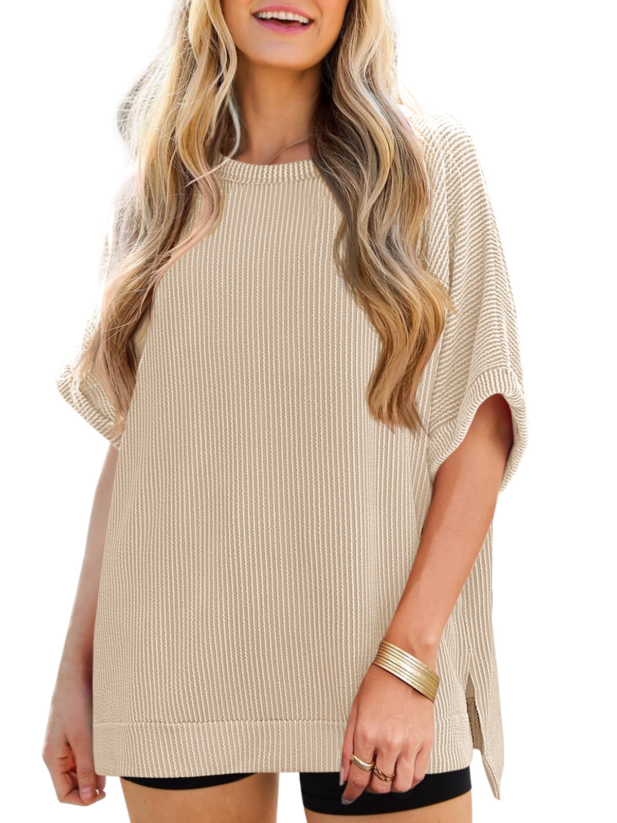 Tankaneo Women's Oversized T-Shirt Summer Casual Ribbed Short Sleeve Tunic Tops 