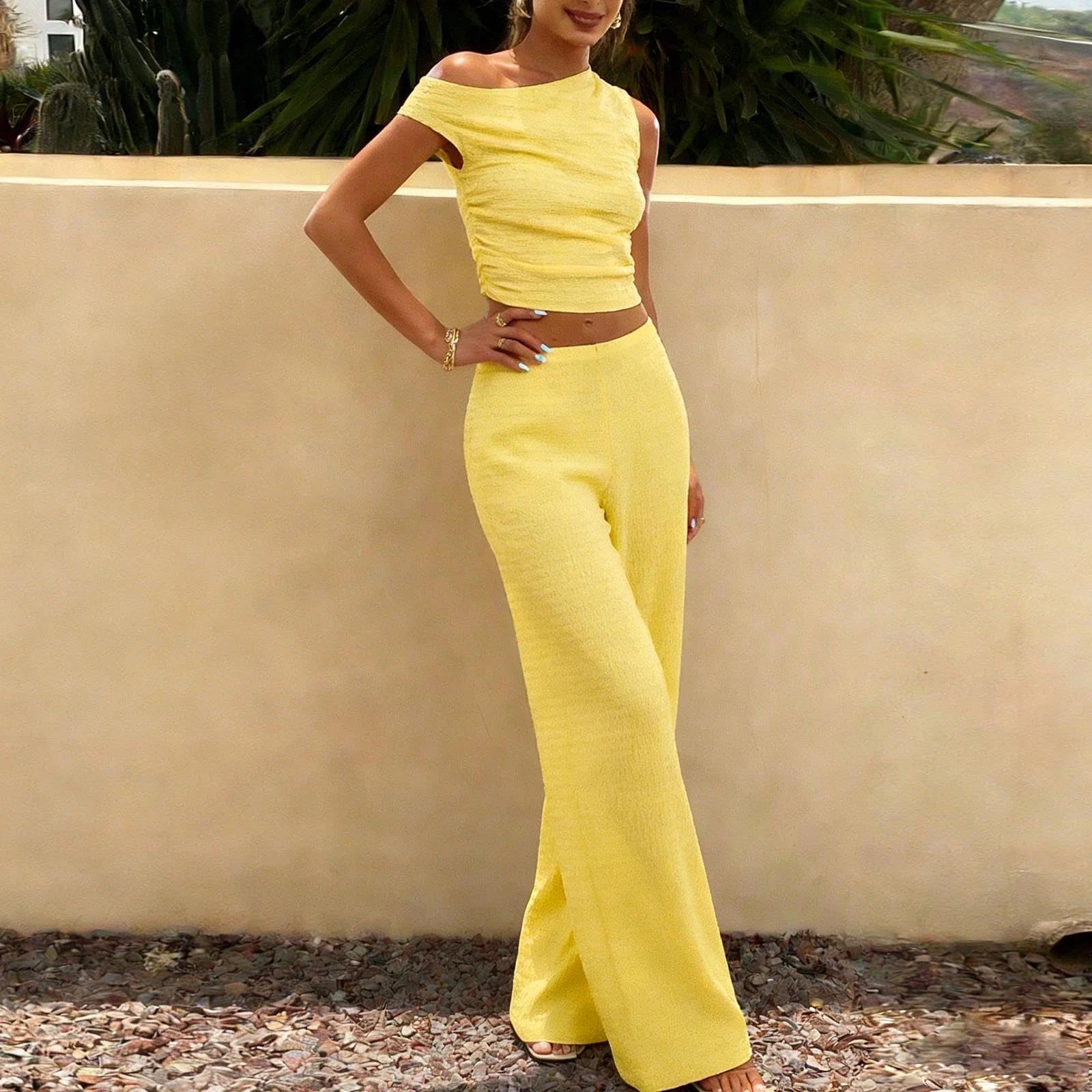 Women's 2 Piece Wide Leg Pant Set Waffle Texture With Off Shoulder Top High Wais