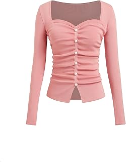 CIDER Women's Going Out Crop Tops Faux Pearl Long Sleeve Square Neck Ruched Tops Fall Spring Trendy