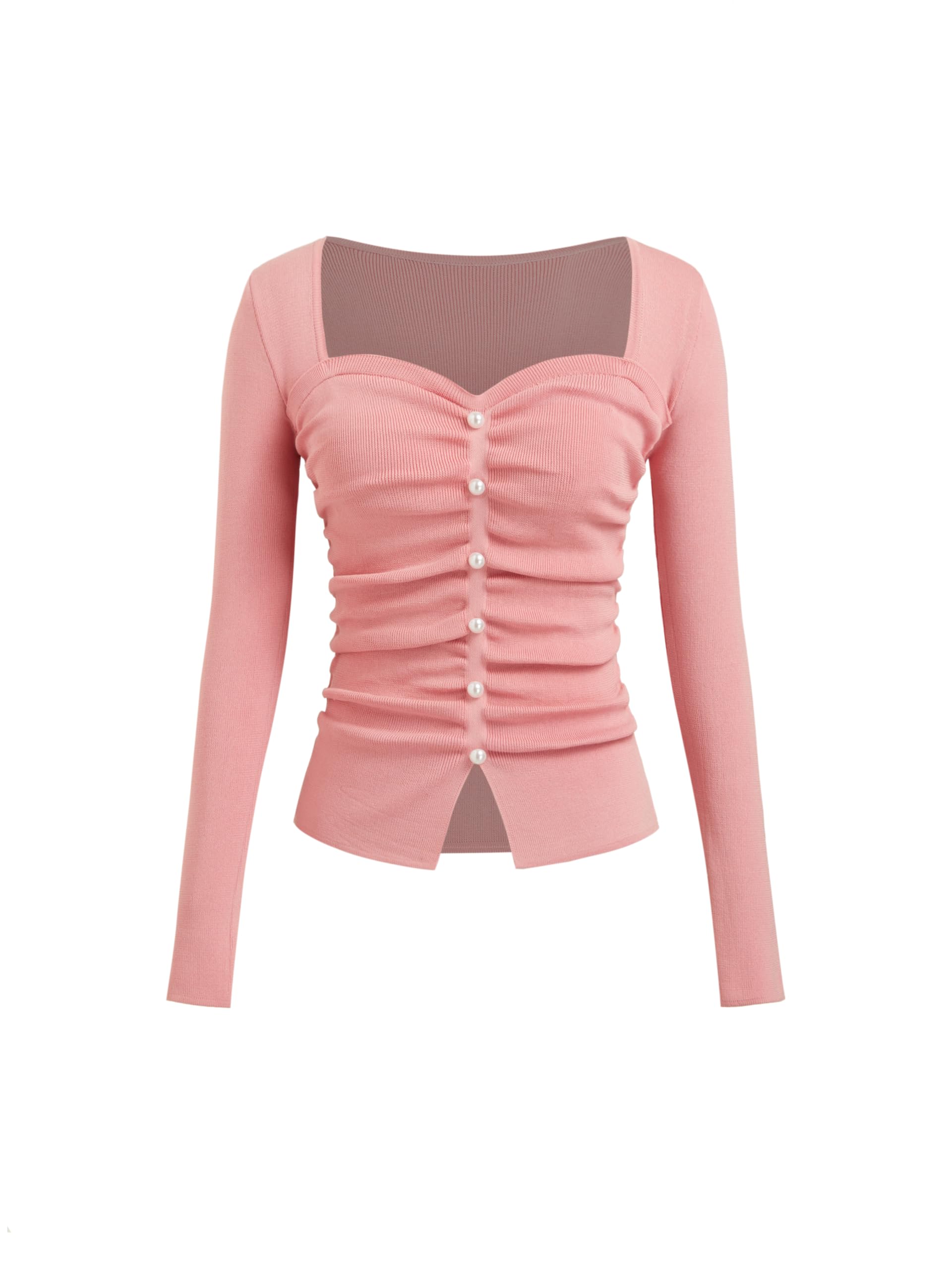 CIDER Women's Going Out Crop Tops Faux Pearl Long Sleeve Square Neck Ruched Tops