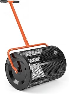 Goplus Compost Spreader, 24" Peat Moss Spreader Roller w/Height-Adjustable T-Shape Handle, Heavy-Duty Metal Mesh Basket for Seeding Planting, Manure Soil Spreader for Garden Lawn (Orange)