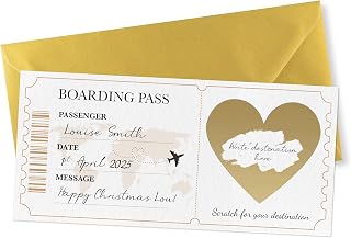 Golden Travel Ticket Scratch-off Card with Gold Envelope - Scratch Boarding Pass Surprise - Holiday Scratchcard for Christmas (Boarding Pass Single)