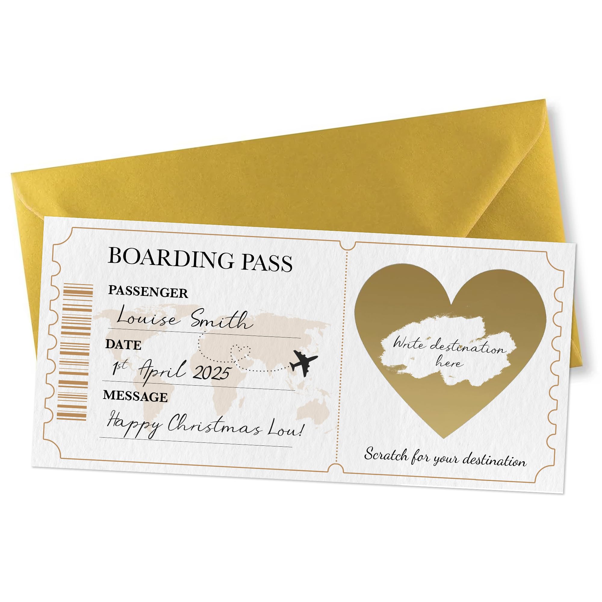 Golden Travel Ticket Scratch-off Card with Gold Envelope - Scratch Boarding Pass