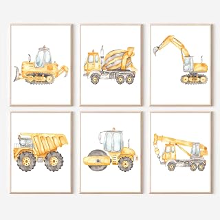 QBZWART Watercolor Construction Vehicle Canvas Art Print,Nursery Wall Decor,Kids Room Truck Theme Poster,Unframed