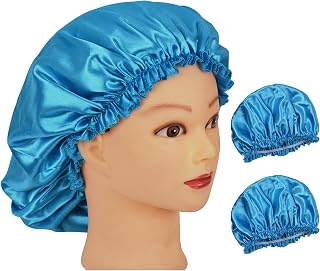 2 Pcs Single Layer Satin Sleep Bonnet with Elastic Edge for Women Curly Natural Long Braids and Weave Hair(Blue)