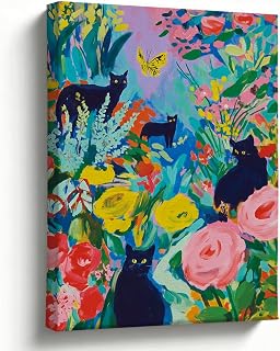 Cat Wall Art Black Cats in Flower Garden Canvas Print Colorful Botanical Artwork Fancy Cottagecore Living Room Bedroom Decor Gift for Mom
