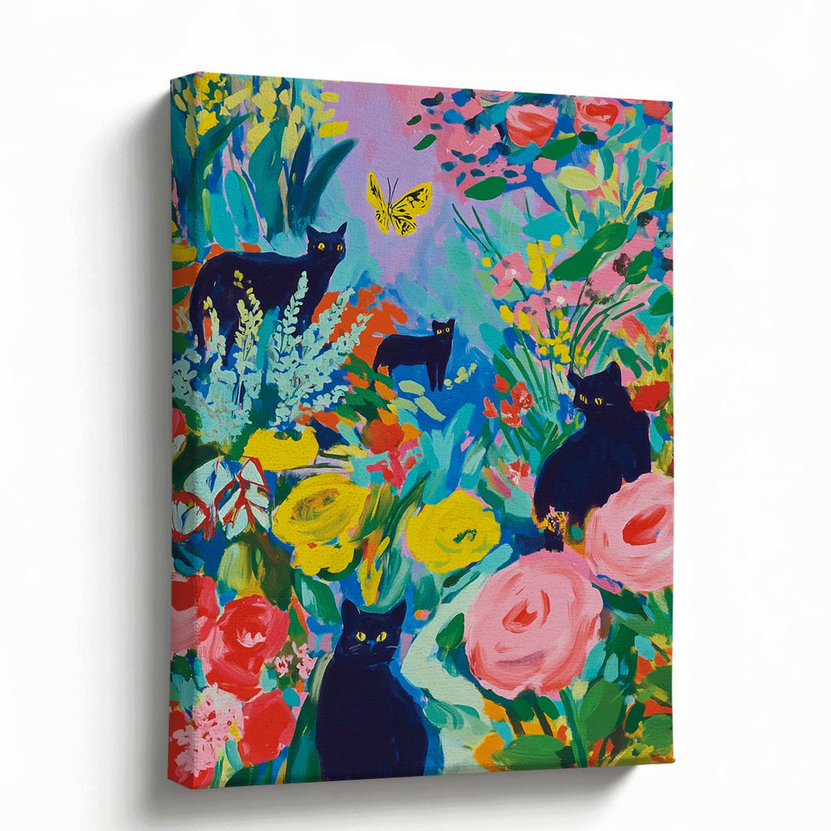 Cat Wall Art Black Cats in Flower Garden Canvas Print Colorful Botanical Artwork