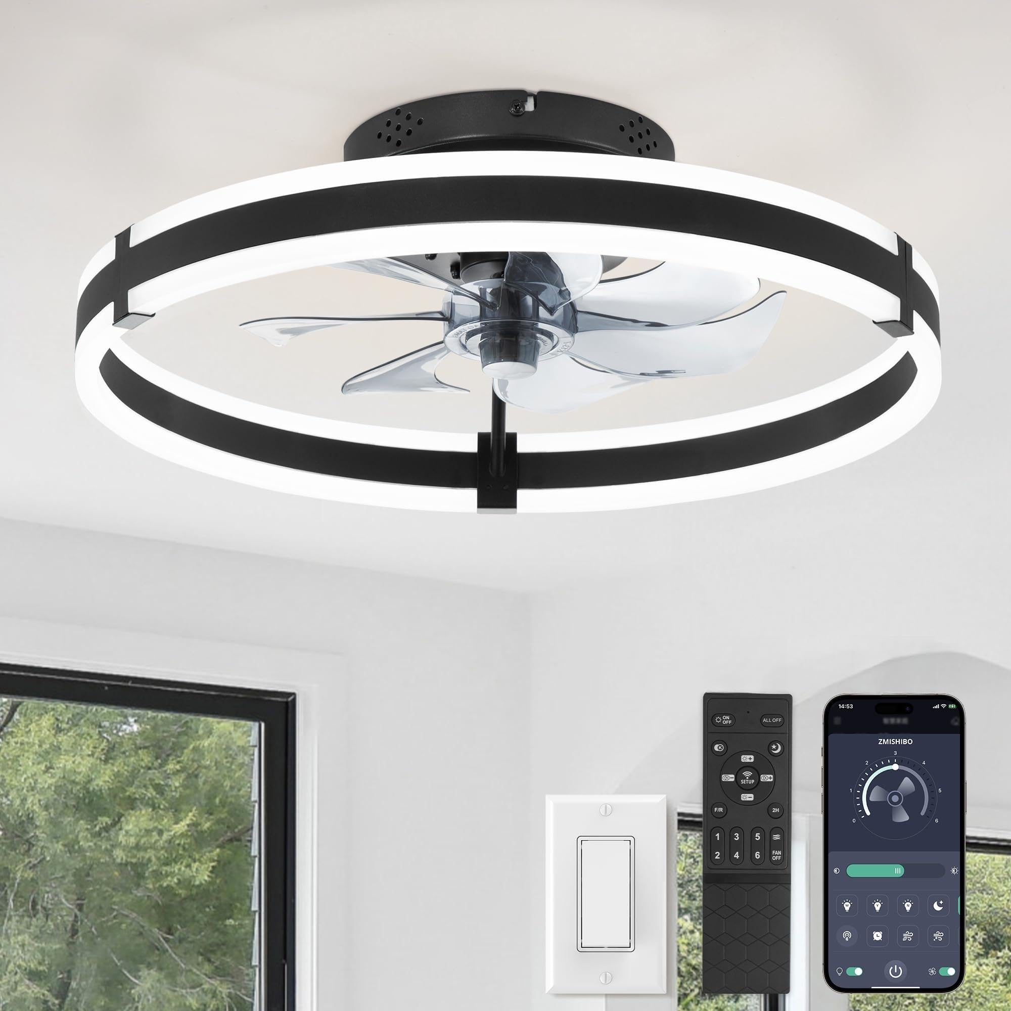 ZMISHIBO Low Profile 19.7'' Ceiling Fans with Lights and Remote, Black | 3000-60