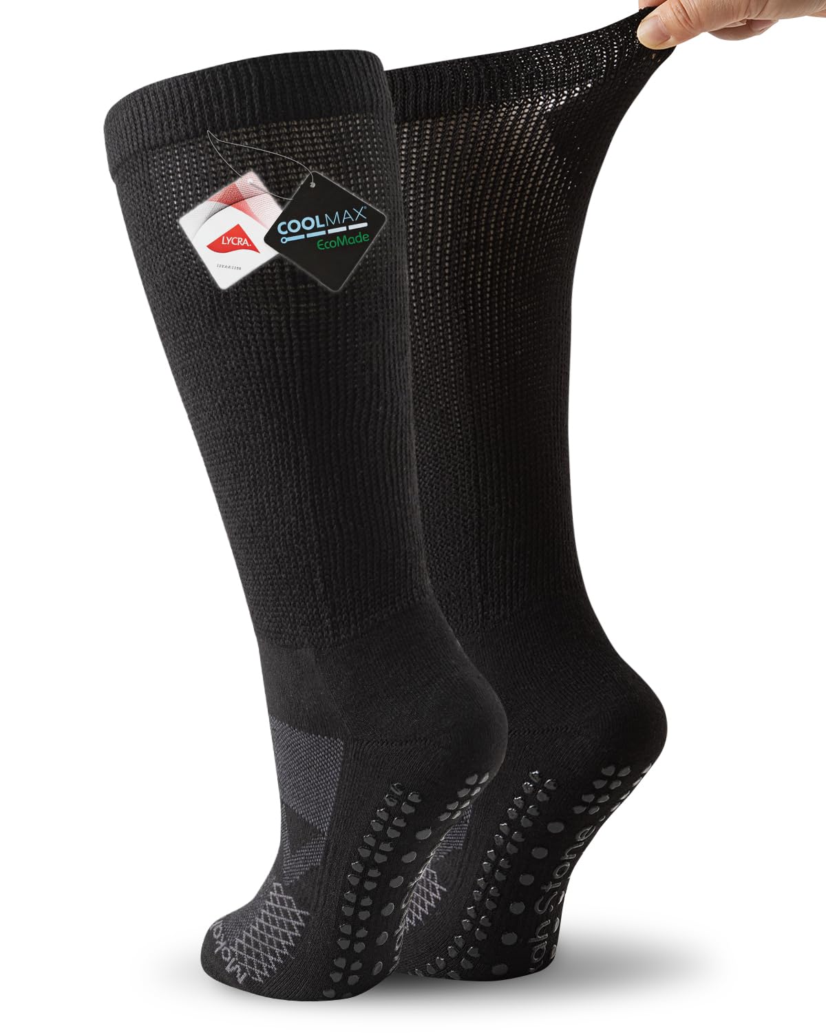 Non Slip Diabetic Socks, Moisture Wicking Grip Socks Men Women, Extra Wide Soft 