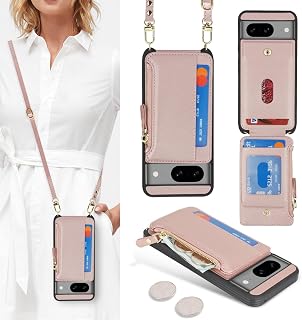 Cavor Custodia a portafoglio per Google Pixel 8, custodia per telefono per Pixel 8 Crossbody Case con cinturino, custodia a portafoglio Pixel 8 da donna, custodia in pelle con tasca con cerniera - oro