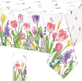 1 Pack Spring Summer Lavender Tulip Plastic Tablecloth, Blooming Floral Disposable Table Cloth, Watercolor Seasonal Holiday Table Cover for Easter Picnic Spring Summer Party Decorations, 54 x 108 Inch