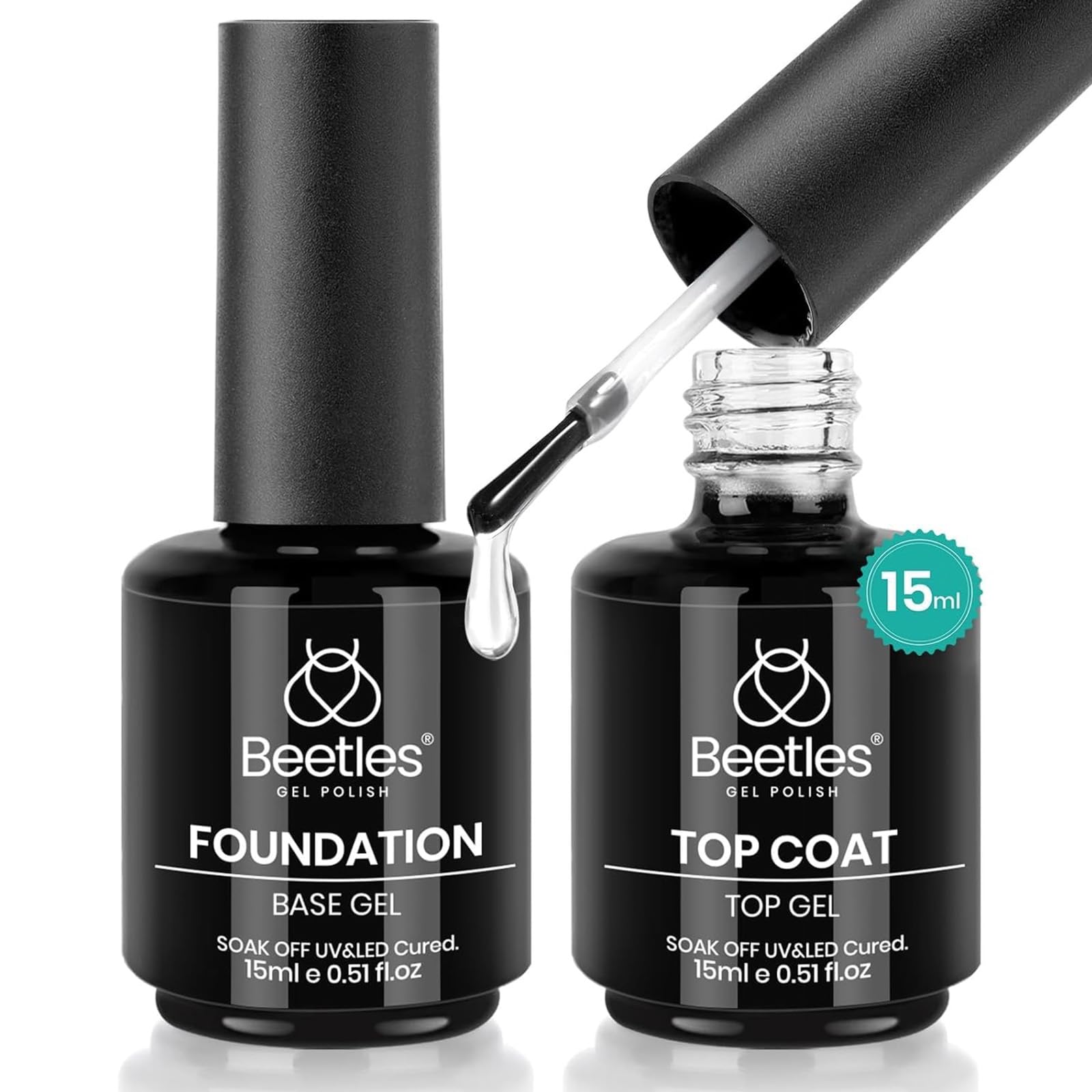 Beetles 2 Pcs 15ml No Wipe Gel Top Coat and Base Coat Set | Long Lasting Soak Of