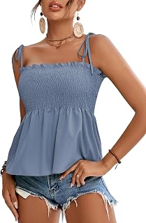 LYANER Women's Tie Shoulder Frill Shirred Ruffle Hem Sleeveless Strappy Cami Blouse Peplum Top