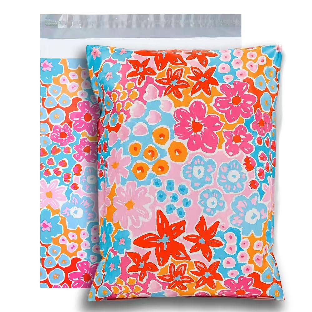 POLYSELLS 10x13 Cute Poly Mailers 50 Pack Flowers Shipping Bags | Waterproof Tea