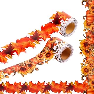 CCINEE 32Ft Fall Bulletin Board Border 2 Rolls Thanksgiving Paper Yellow Sunflowe Pumpkin Maple Leaves Die Cut Bulletin Border Trim Stickers for Classroom Office Harvest Chalkboard Wall Decration