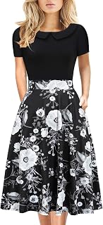DJ978 Women's Elegant Vintage Peter Pan Collar Floral Dress with Pockets