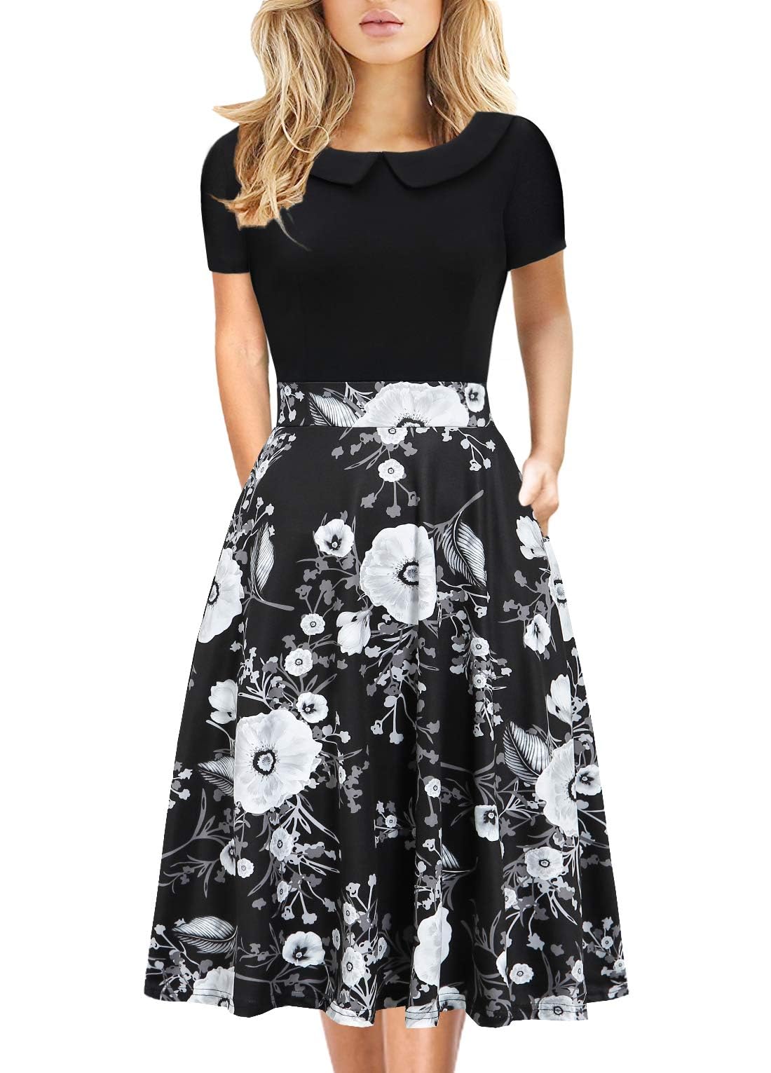 DJ978 Women's Elegant Vintage Peter Pan Collar Floral Dress with Pockets