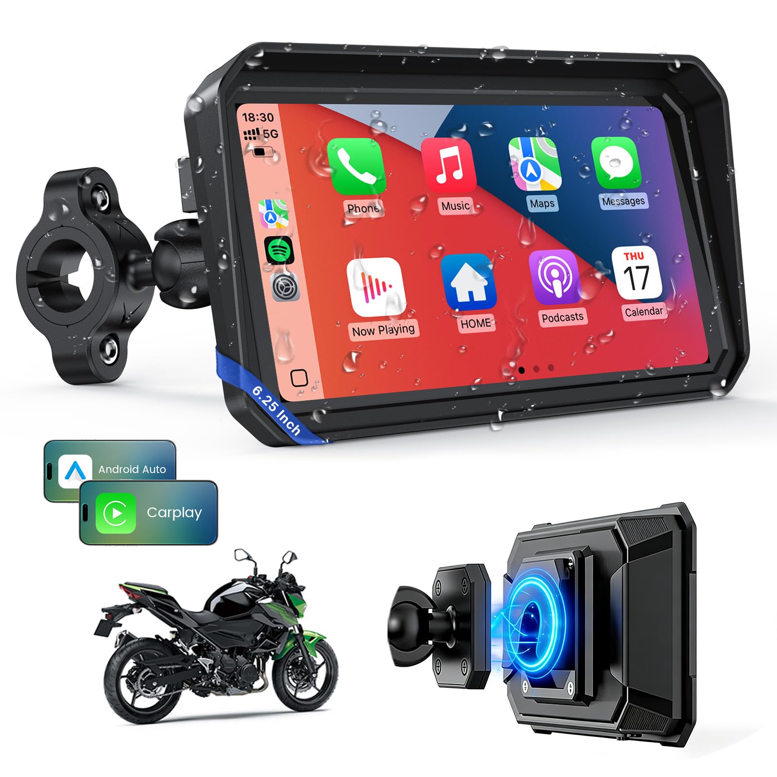 WonVon 6.25 Inch Wireless Motorcycle Carplay GPS Navigation System with Apple Ca