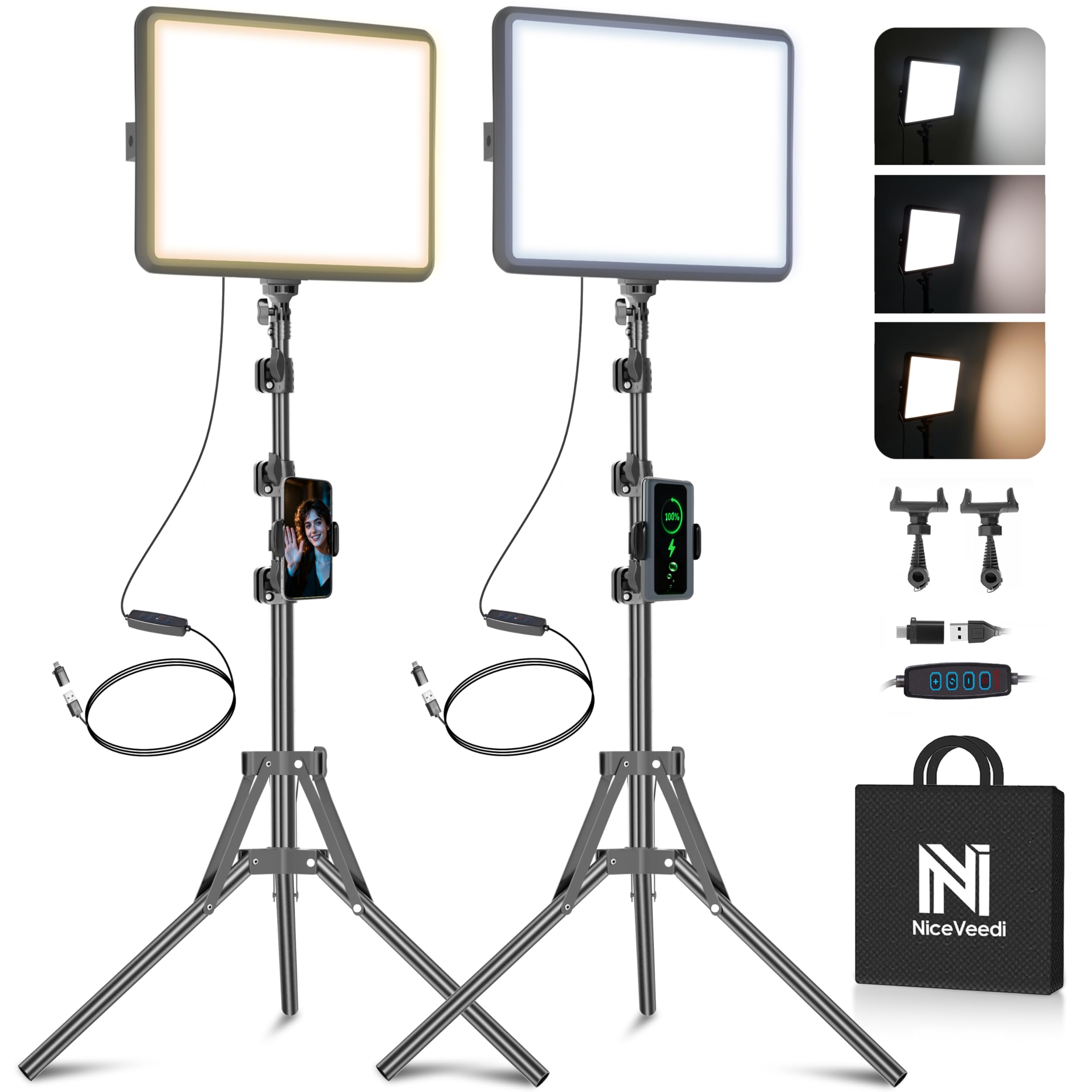 2-Pack LED Video Light Kit, NiceVeedi Studio Light, 2800-6500K Dimmable Photogra