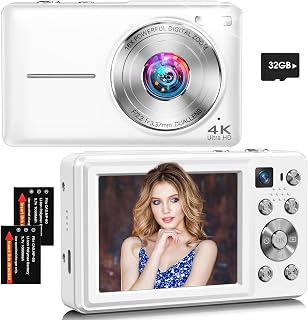 Digital Camera, 4K 64MP Autofocus 16X Zoom Camera with Dual Lens(White) | 2026 Latest Anti-Shake Point Shoot Camera, Compact Travel Vlogging Camera for Teens Adults Beginner, 32GB Card, 2 Batteries