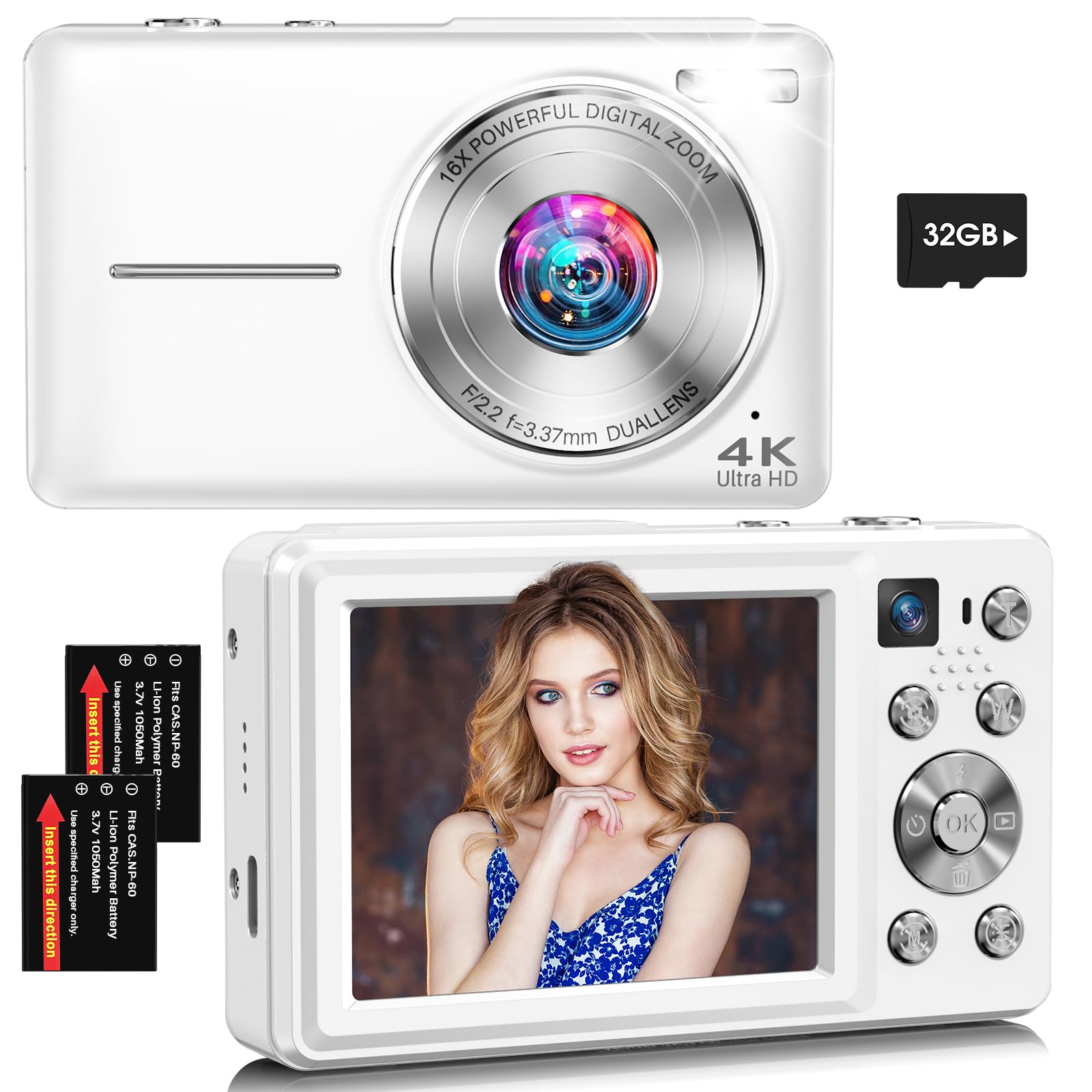 Digital Camera, 4K 64MP Autofocus 16X Zoom Camera with Dual Lens(White) | 2026 L