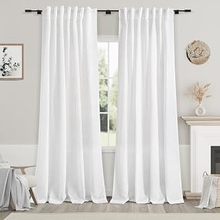 Nanspring White Linen Curtains 84 Inches Long for Bedroom Back Tab Light Filtering Privacy Sheer Modern Coastal Decor Textured Voile Curtain