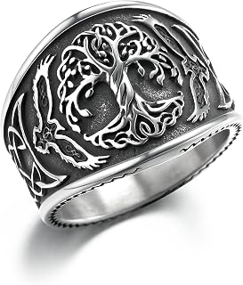 Stainless Steel Viking Rings for Men, Odins Two Ravens Perched on the Tree of Life, Unique Norse Raven Celtic Knot Ring, Vintage Amulet Jewelry Gift for Unisex