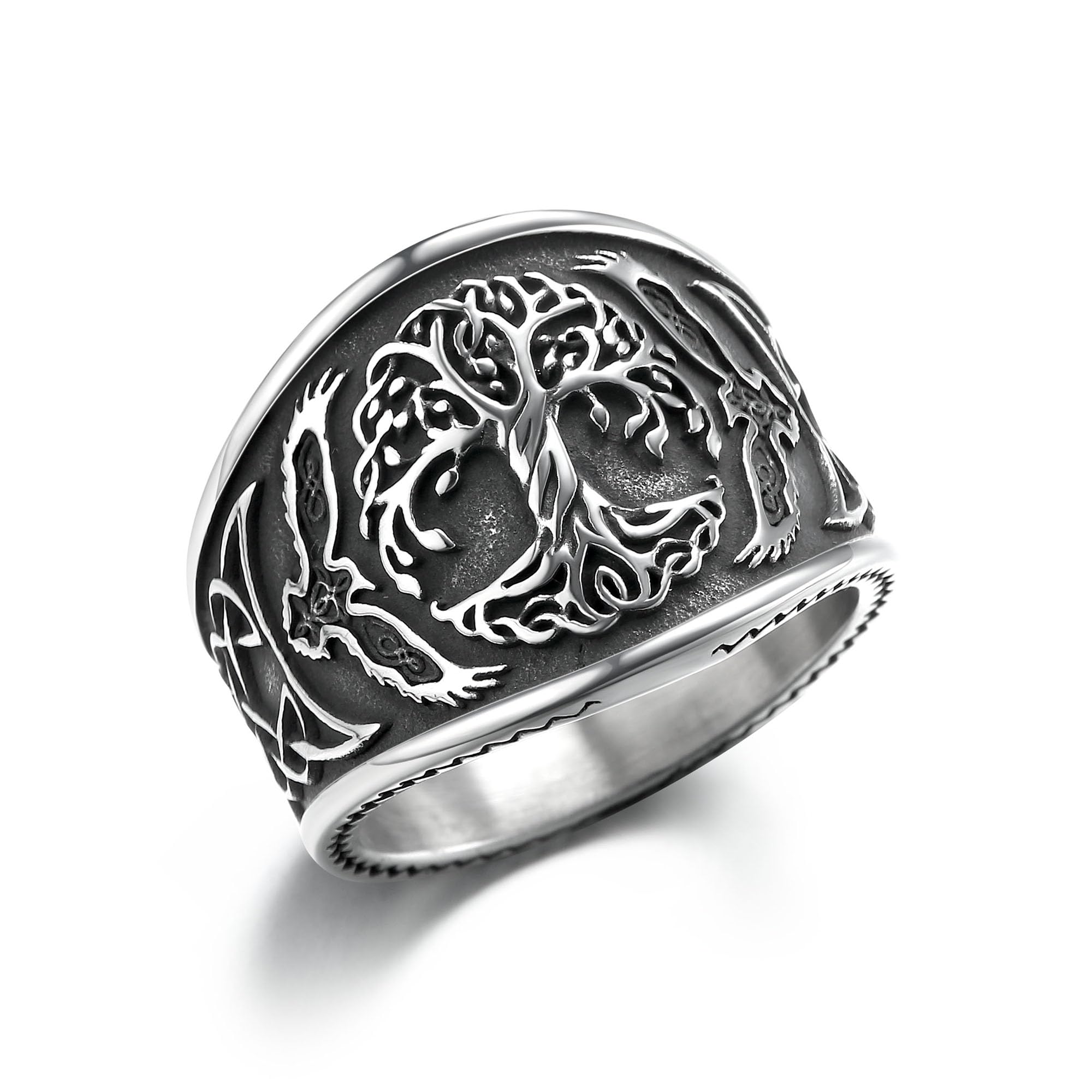 Stainless Steel Viking Rings for Men, Odins Two Ravens Perched on the Tree of Li