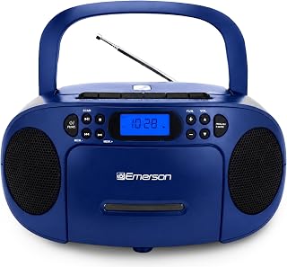 Emerson EPB-3003 Portable CD Cassette Boombox with AM FM Radio - Blue | With CD-R & CD-RW. Tape Recording. Programmable Station Presets. AUX & Headphone Jack. AC or Battery Power.