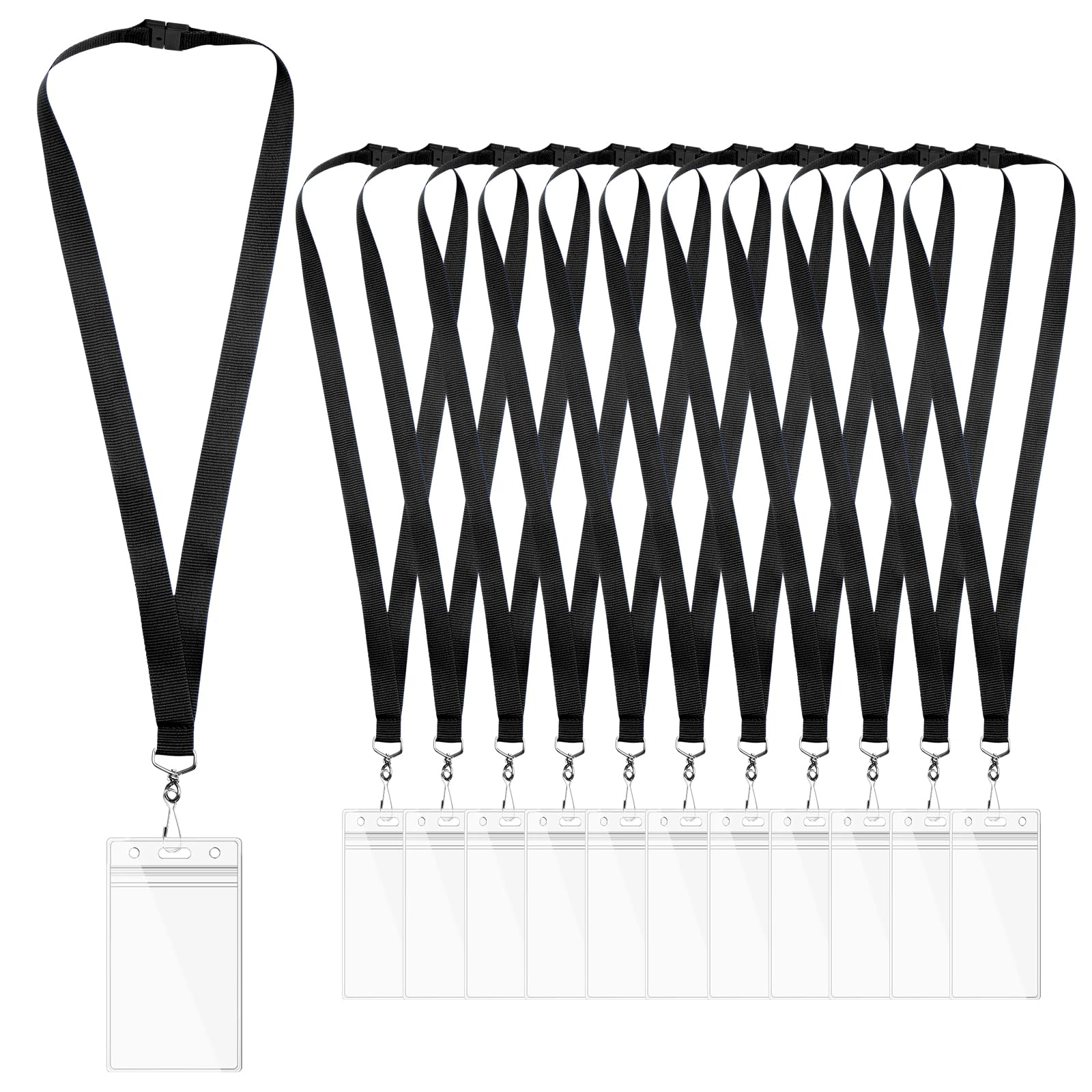 WEZEBEL 12-Pack Black Breakaway Lanyards with Waterproof Badge Holders, Metal Ho