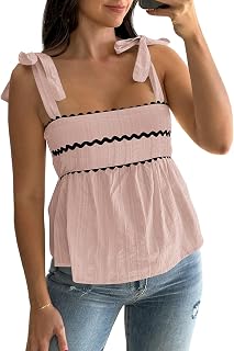 Women's Cute Tank Top Summer Casual Peplum Babydoll Square Neck Tie Strap Backless Shirt